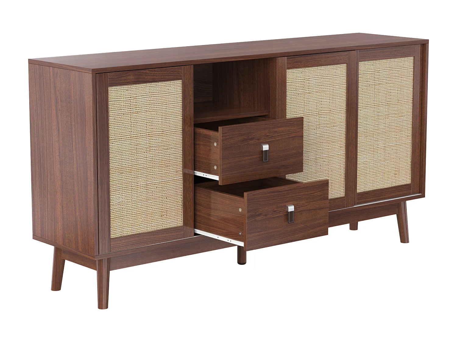 Credenza bassa - 3 ante in rattan e 2 cassetti - Marrone