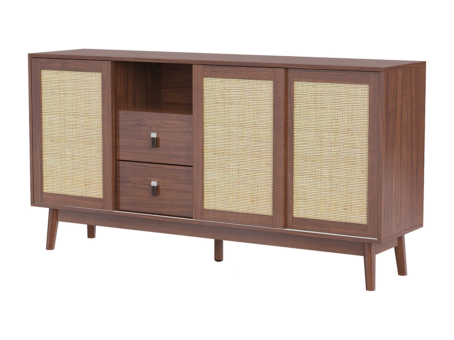 Credenza bassa - 3 ante in rattan e 2 cassetti - Marrone