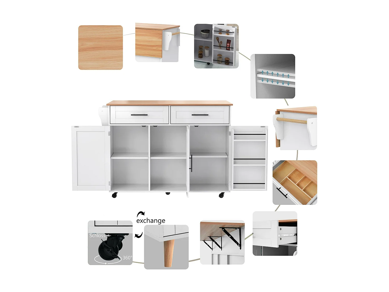 Ilot central de cuisine mobile - Plateau extensible - 2 tiroirs + portes d'armoire de rangement - Blanc