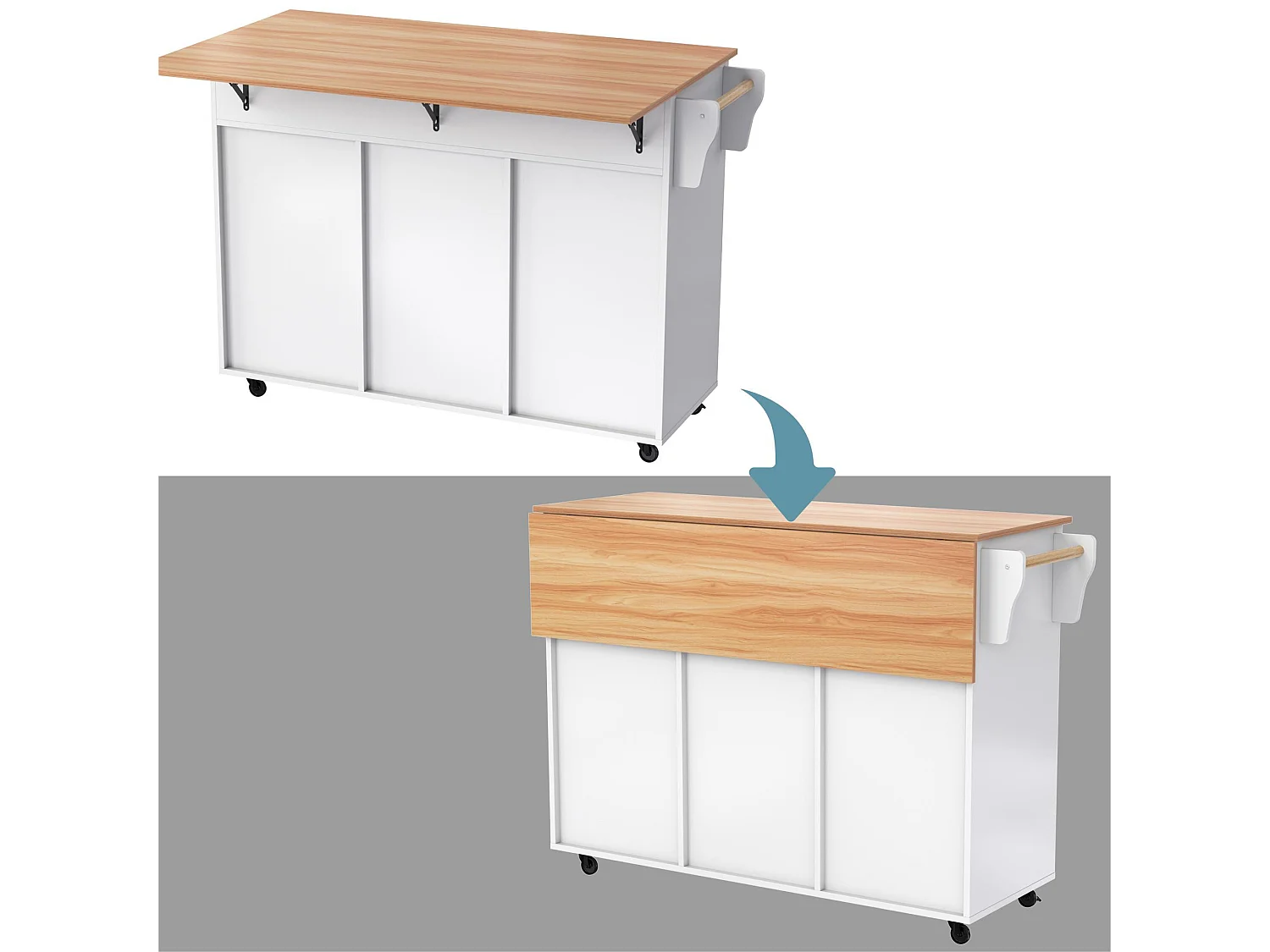Ilot central de cuisine mobile - Plateau extensible - 2 tiroirs + portes d'armoire de rangement - Blanc