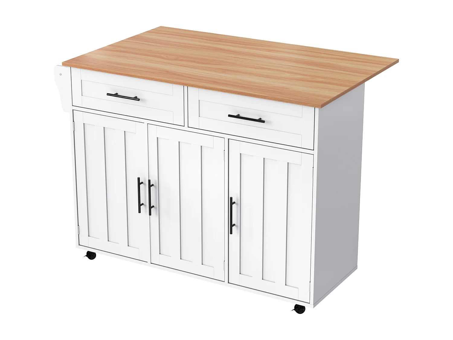 Ilot central de cuisine mobile - Plateau extensible - 2 tiroirs + portes d'armoire de rangement - Blanc