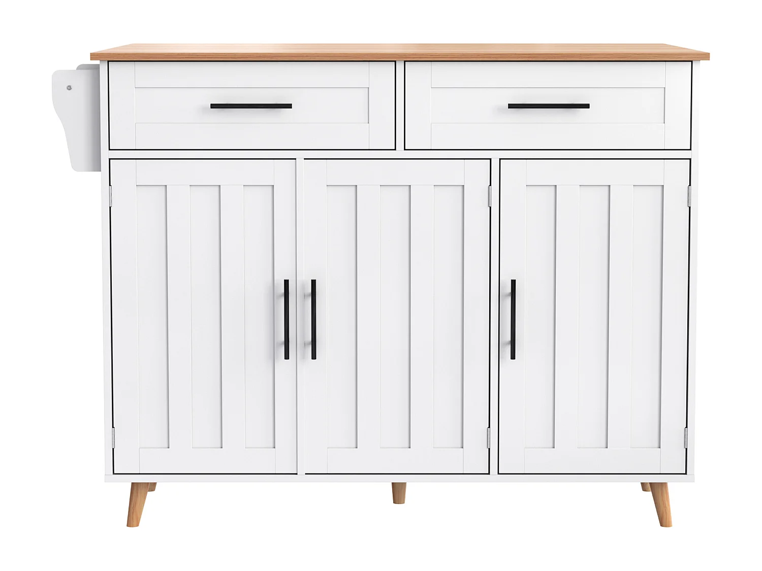 Ilot central de cuisine mobile - Plateau extensible - 2 tiroirs + portes d'armoire de rangement - Blanc