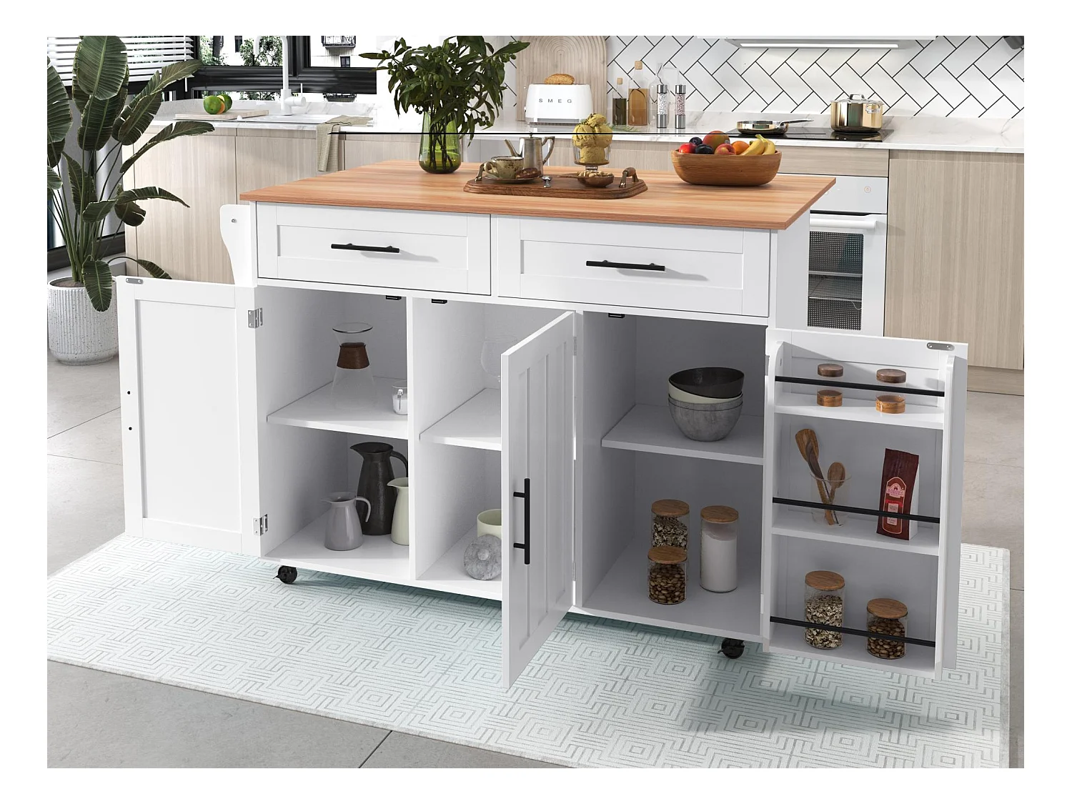 Ilot central de cuisine mobile - Plateau extensible - 2 tiroirs + portes d'armoire de rangement - Blanc