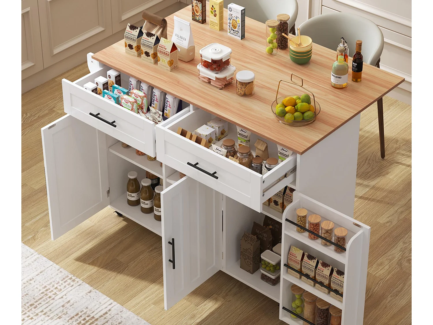 Ilot central de cuisine mobile - Plateau extensible - 2 tiroirs + portes d'armoire de rangement - Blanc