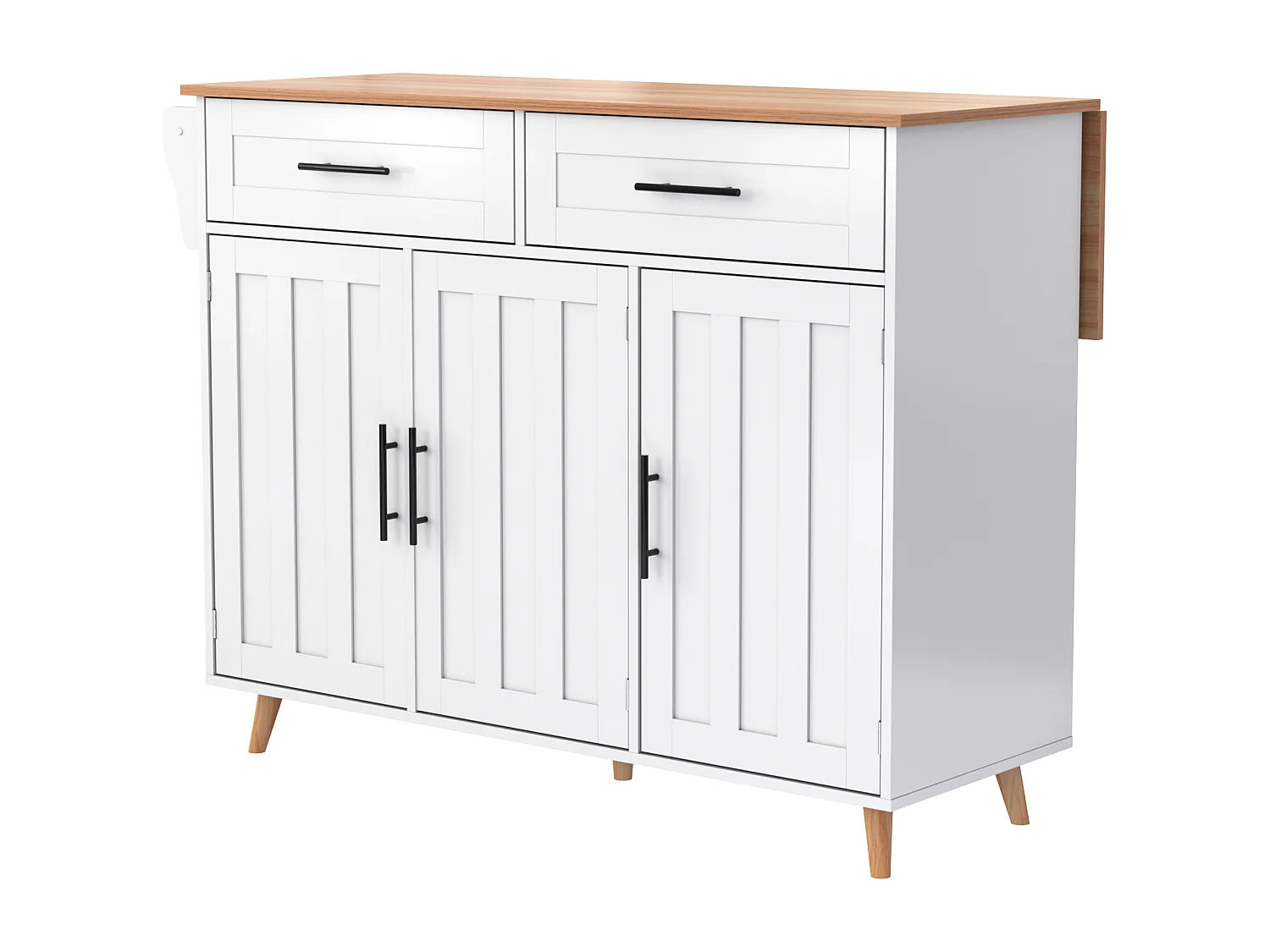 Ilot central de cuisine mobile - Plateau extensible - 2 tiroirs + portes d'armoire de rangement - Blanc