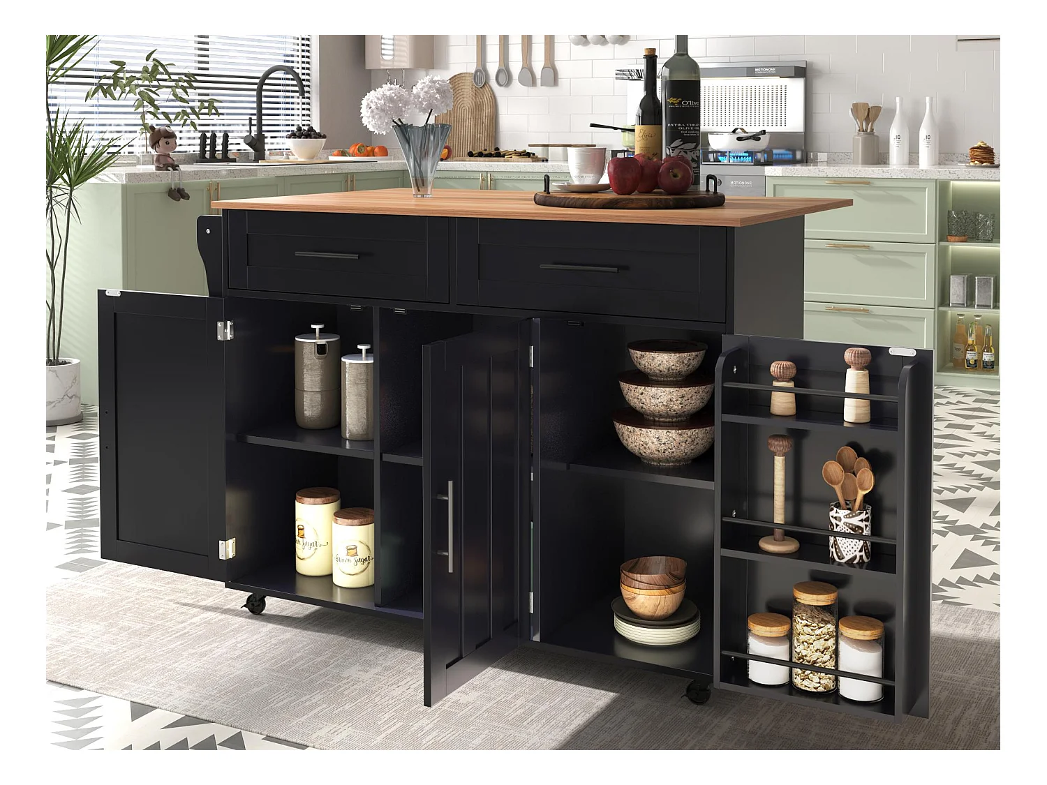 Ilot central de cuisine mobile - Plateau extensible - 2 tiroirs + portes d'armoire de rangement - Noir