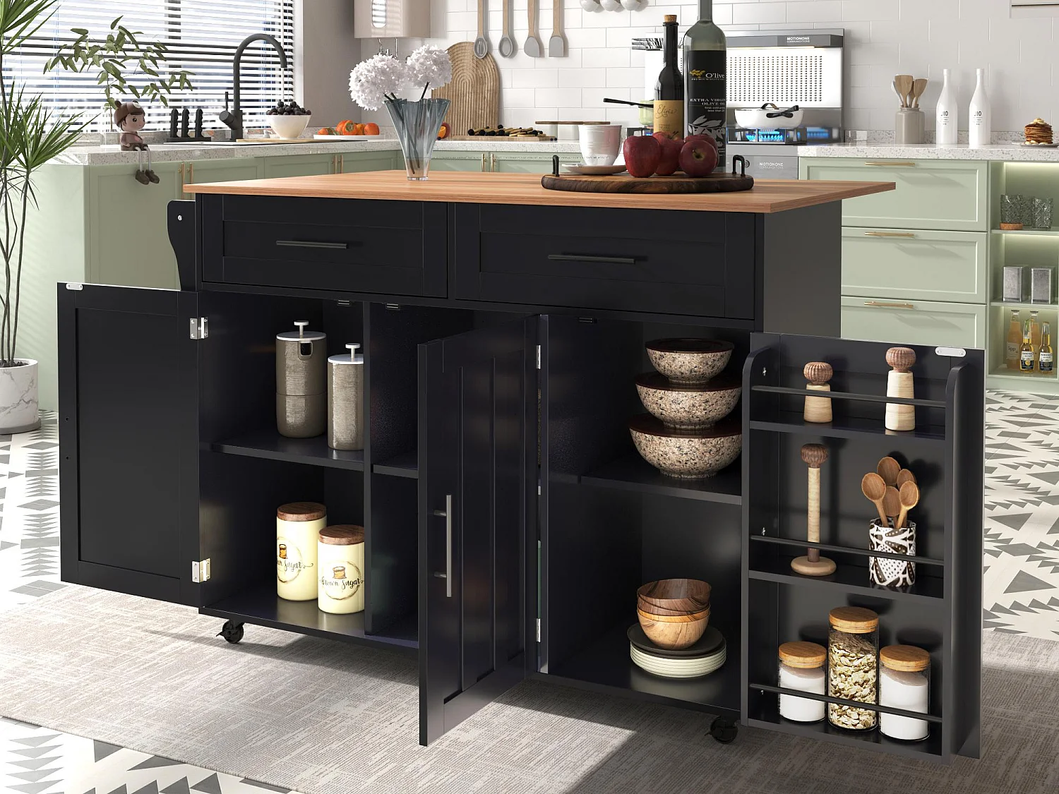 Ilot central de cuisine mobile - Plateau extensible - 2 tiroirs + portes d'armoire de rangement - Noir