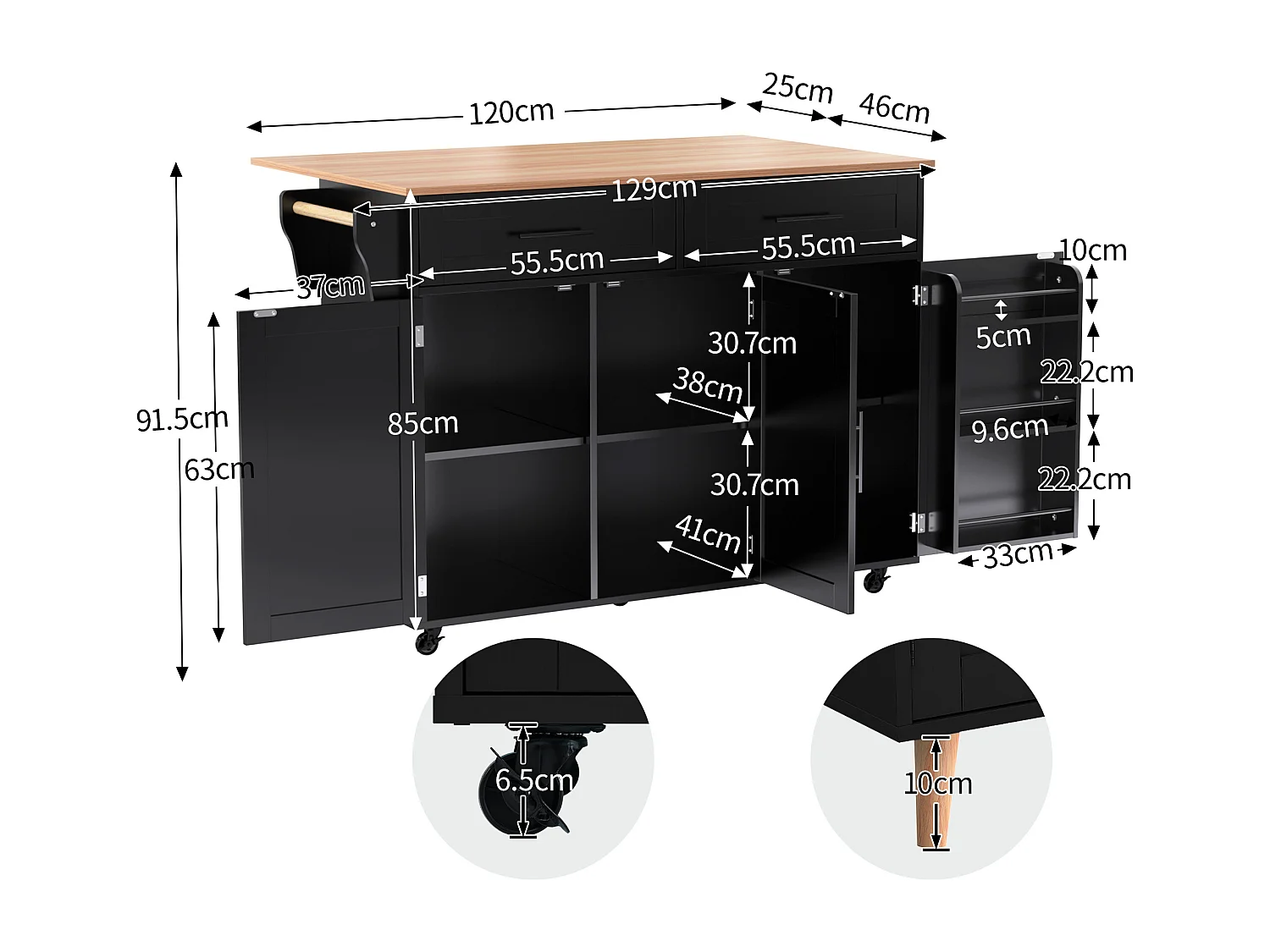 Ilot central de cuisine mobile - Plateau extensible - 2 tiroirs + portes d'armoire de rangement - Noir
