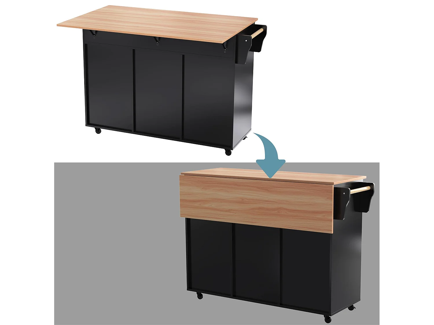 Ilot central de cuisine mobile - Plateau extensible - 2 tiroirs + portes d'armoire de rangement - Noir