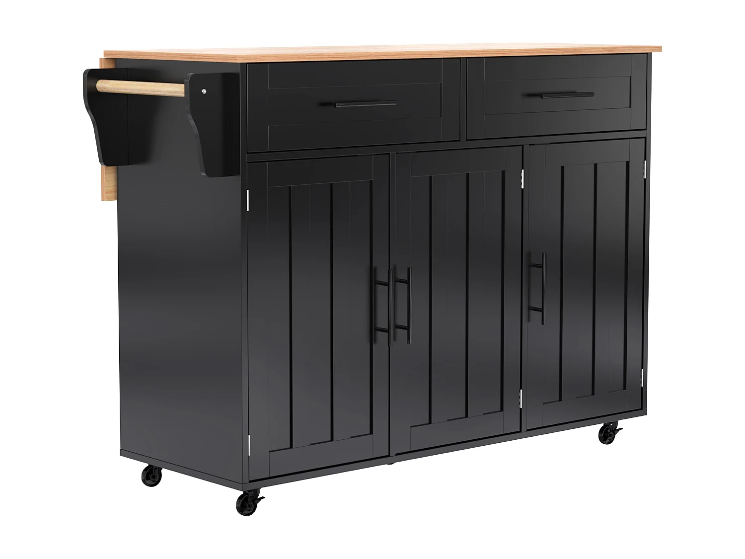 Ilot central de cuisine mobile - Plateau extensible - 2 tiroirs + portes d'armoire de rangement - Noir