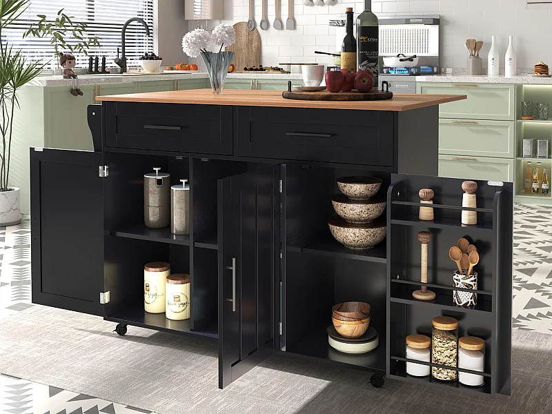 Ilot central de cuisine mobile - Plateau extensible - 2 tiroirs + portes d'armoire de rangement - Noir