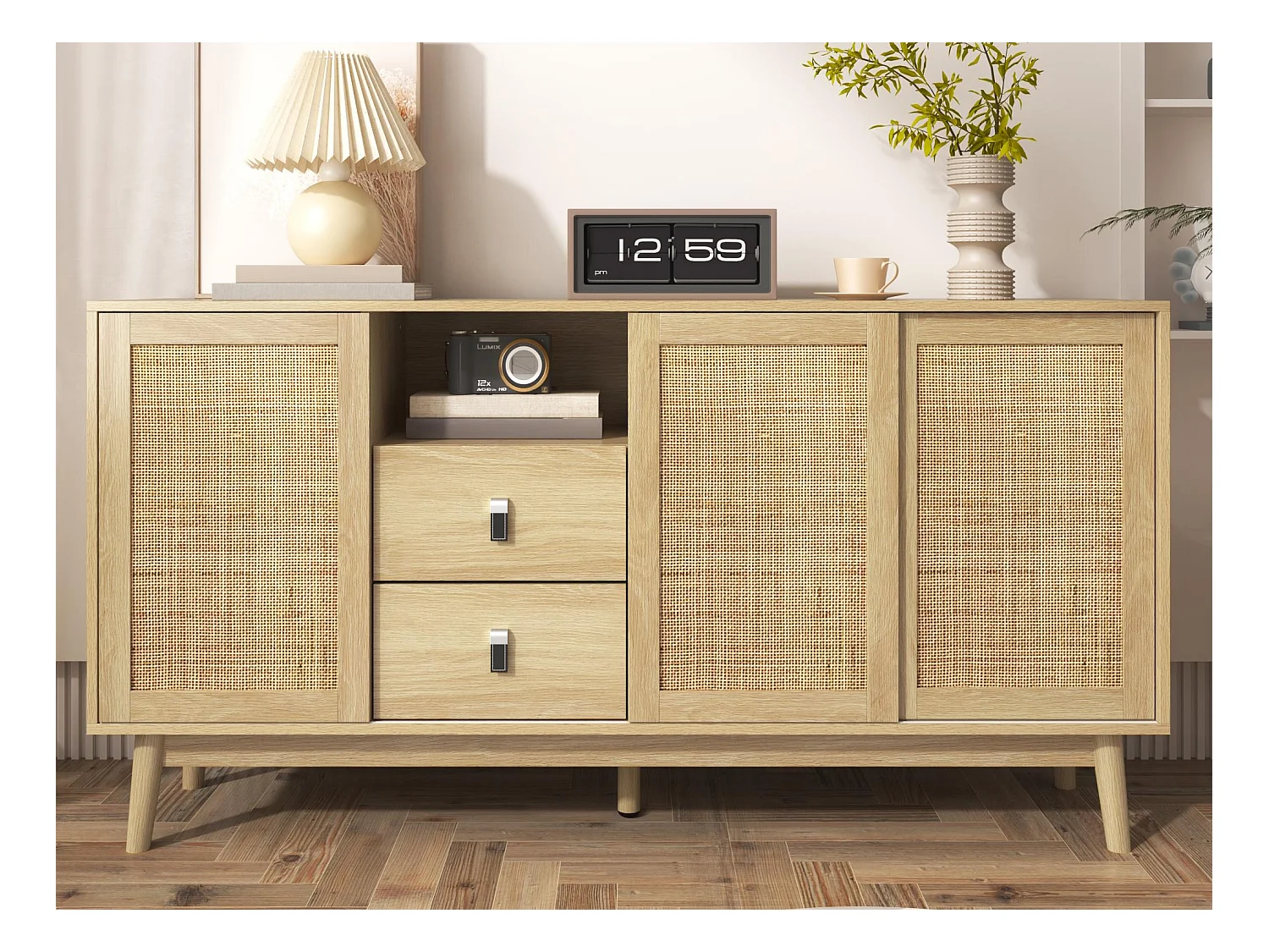 Buffet bas - 3 portes en rotin et 2 tiroirs - Naturel