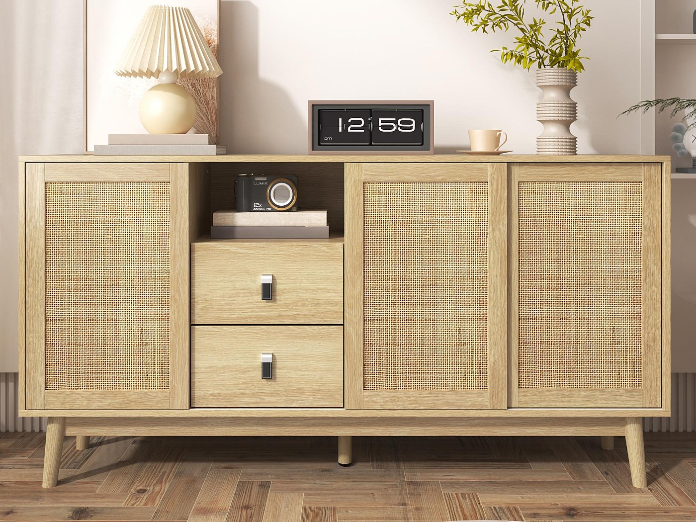 Laag dressoir met 2 deuren, 2 laden en open vakken - 130x40x80 cm - LED's - MDF hout - voor