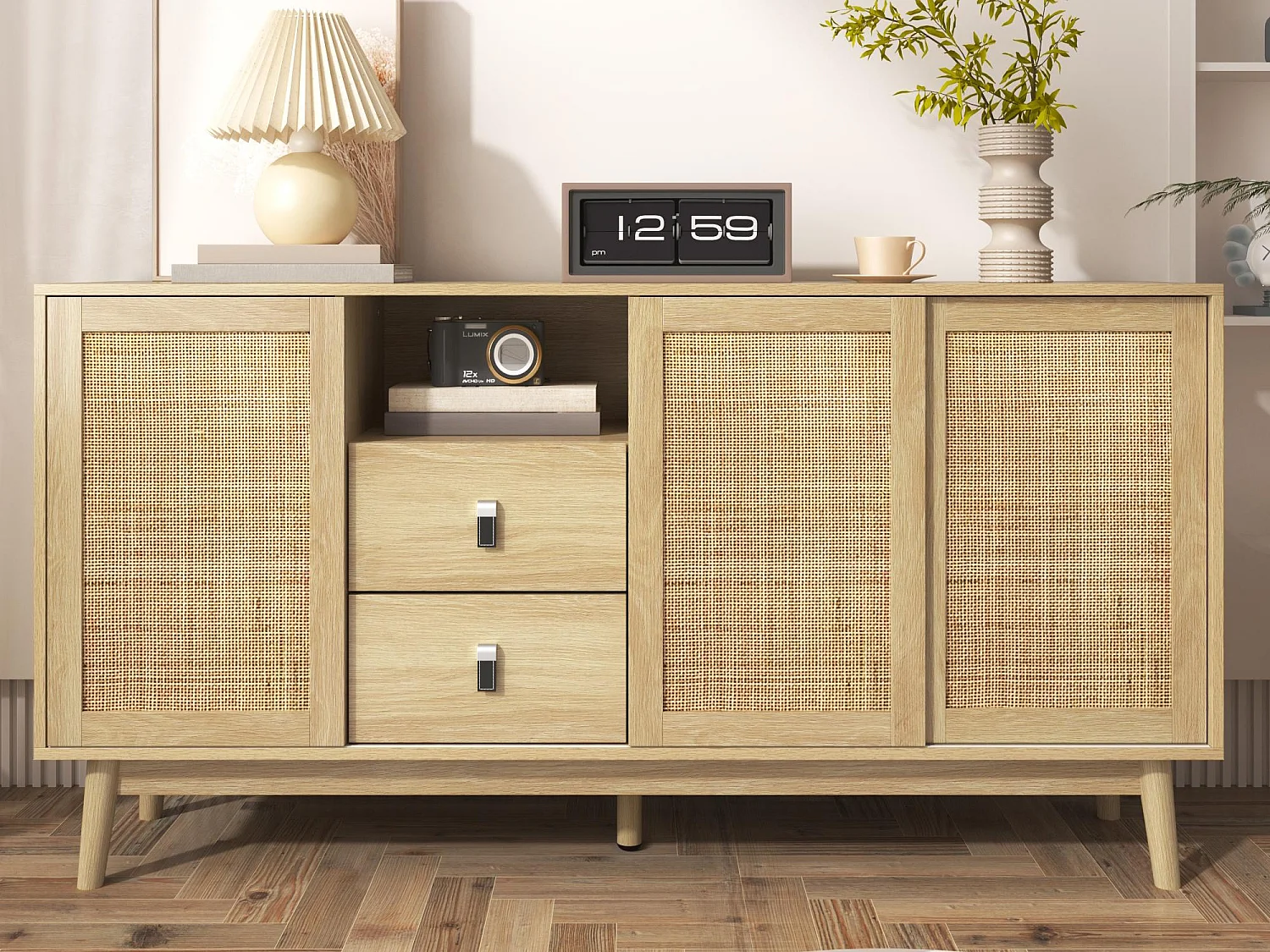 Aparador baixo - 3 portas em rattan e 2 gavetas - Natural