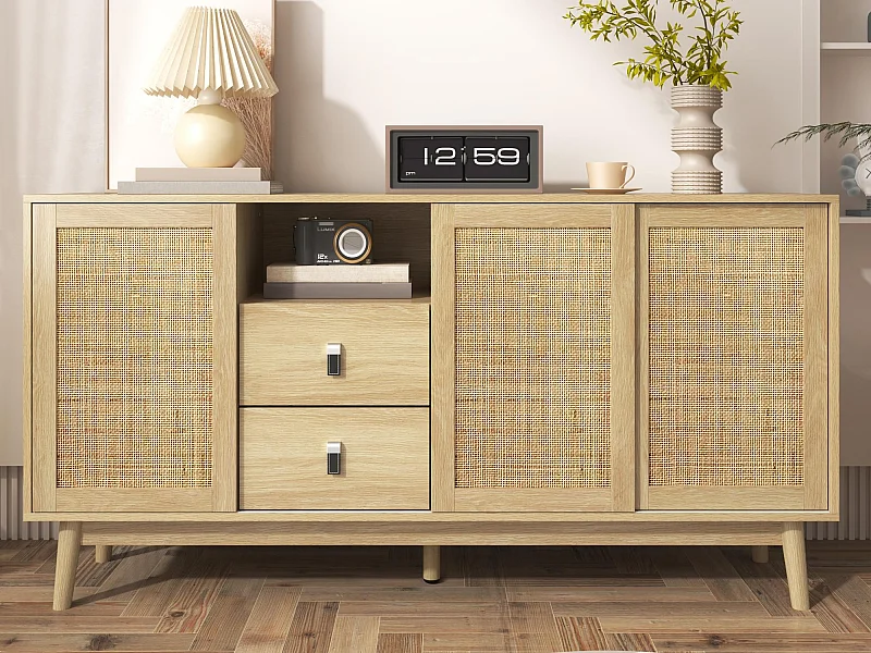 Laag dressoir - 3 rotan deuren en 2 lades - Naturel