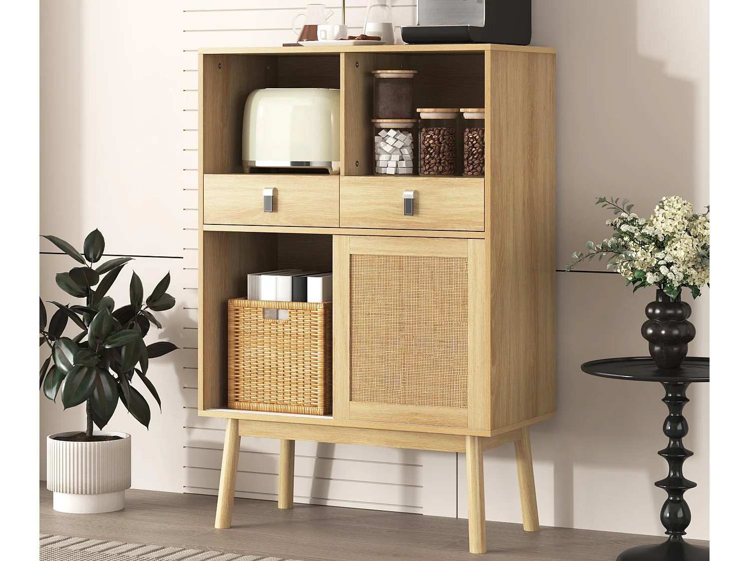 Aparador bajo - 2 cajones + 2 compartimentos abiertos + 2 puertas de ratán - Natural