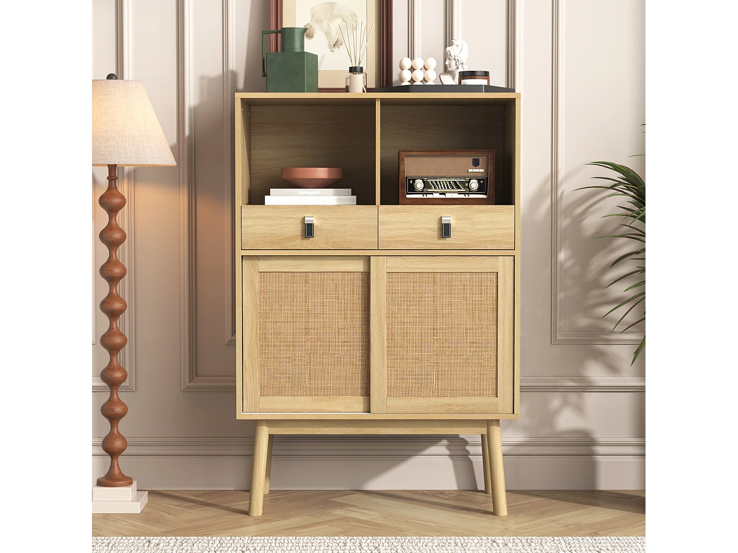 Aparador bajo - 2 cajones + 2 compartimentos abiertos + 2 puertas de ratán - Natural