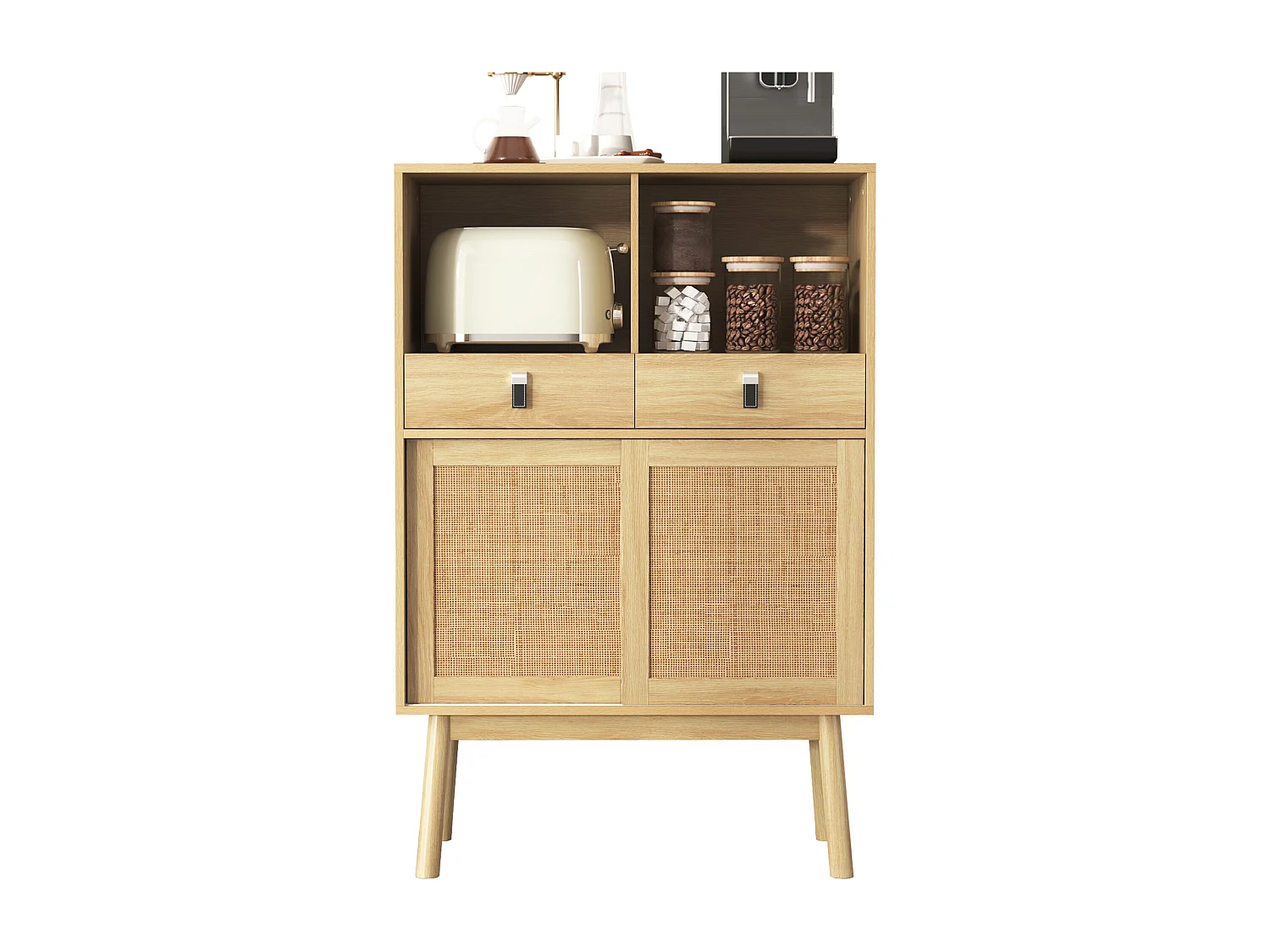 Aparador bajo - 2 cajones + 2 compartimentos abiertos + 2 puertas de ratán - Natural