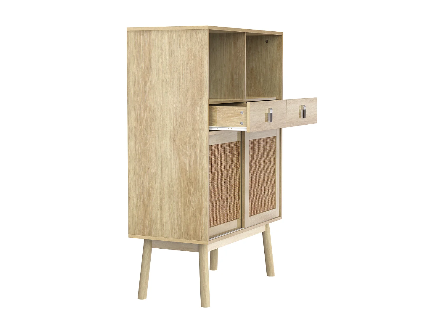 Aparador bajo - 2 cajones + 2 compartimentos abiertos + 2 puertas de ratán - Natural