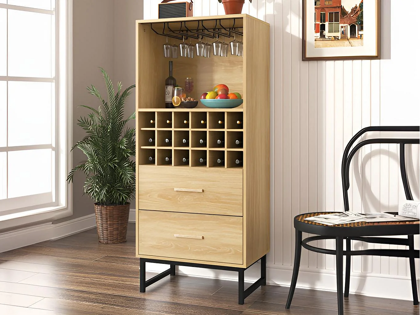 Wysoki bufet, wino - 2 szuflady i 18 przegród - Naturalny