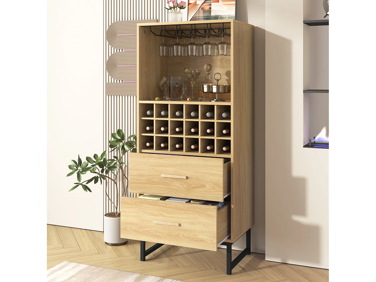 Wysoki bufet, wino - 2 szuflady i 18 przegród - Naturalny