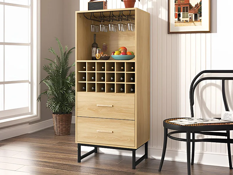 Wysoki bufet, wino - 2 szuflady i 18 przegród - Naturalny