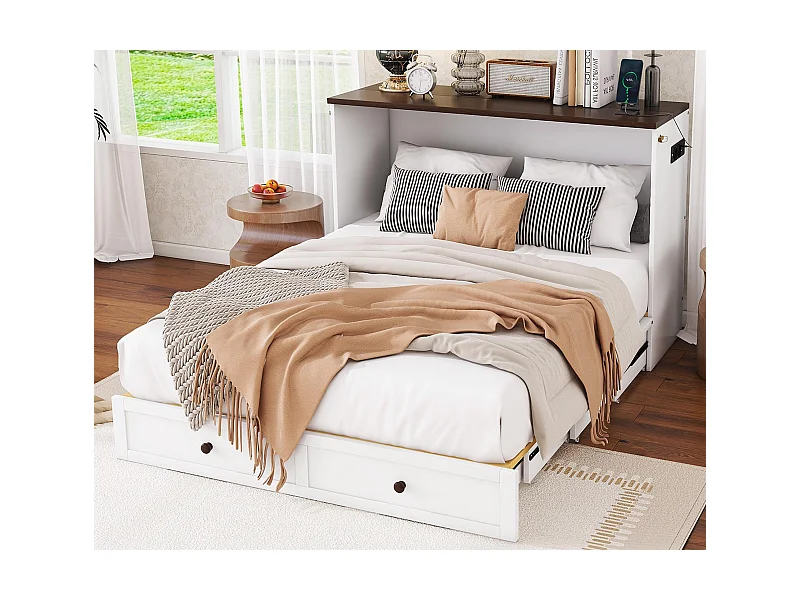 Ausziehbares Holzbett 140 x 200 cm – mit USB-Anschlüssen und Stauraum – Weiß