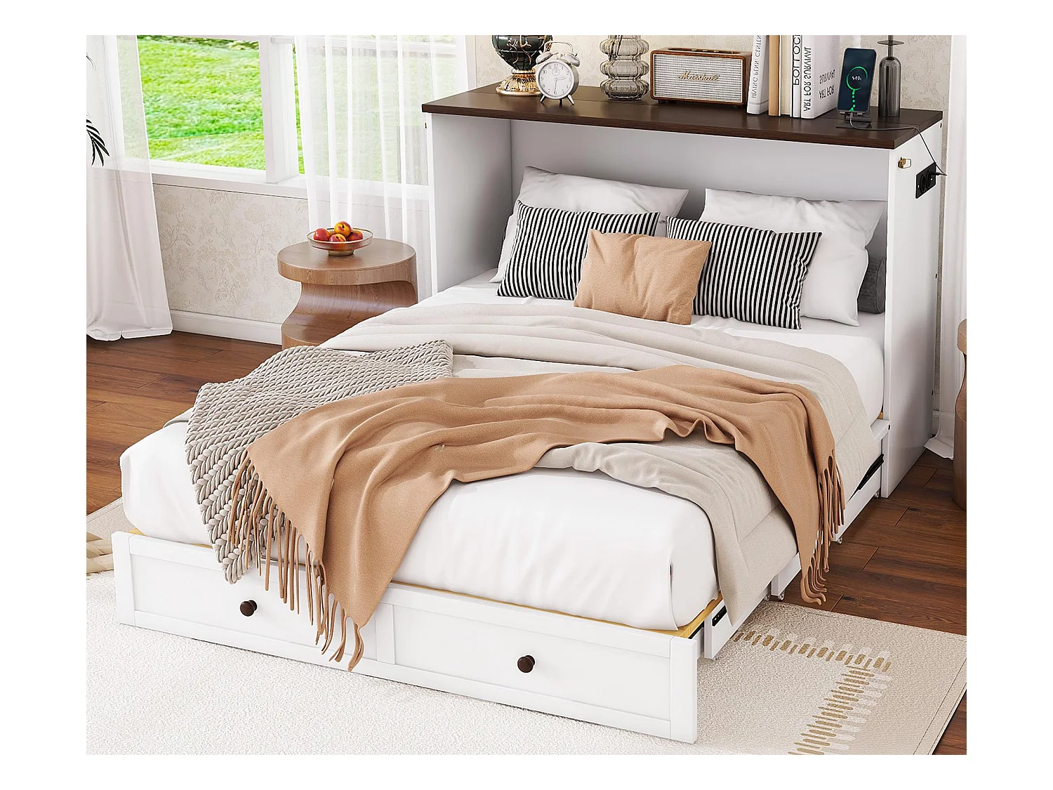 Ausziehbares Holzbett 140 x 200 cm – mit USB-Anschlüssen und Stauraum – Weiß