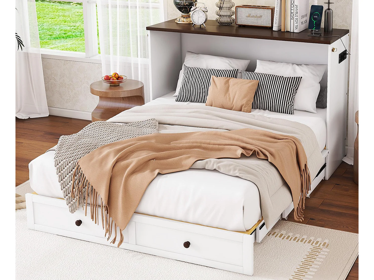 Cama retrátil em madeira 140x200 cm - com tomadas USB e arrumação - Branco