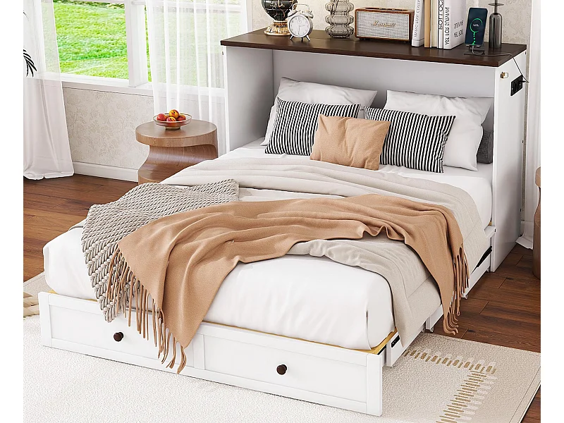 Lit escamotable 140x200 cm en bois - avec prises USB et rangements - Blanc