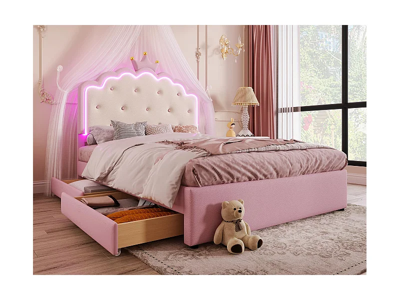 Cama tapizada 140x200cm en símil piel - con LED + 2 cajones y cama nido 90x190cm - Rosa