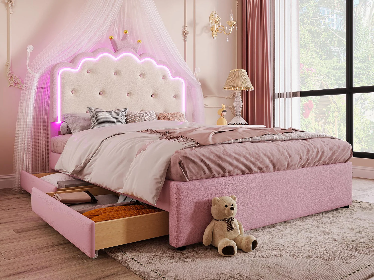 Cama tapizada 140x200cm en símil piel - con LED + 2 cajones y cama nido 90x190cm - Rosa