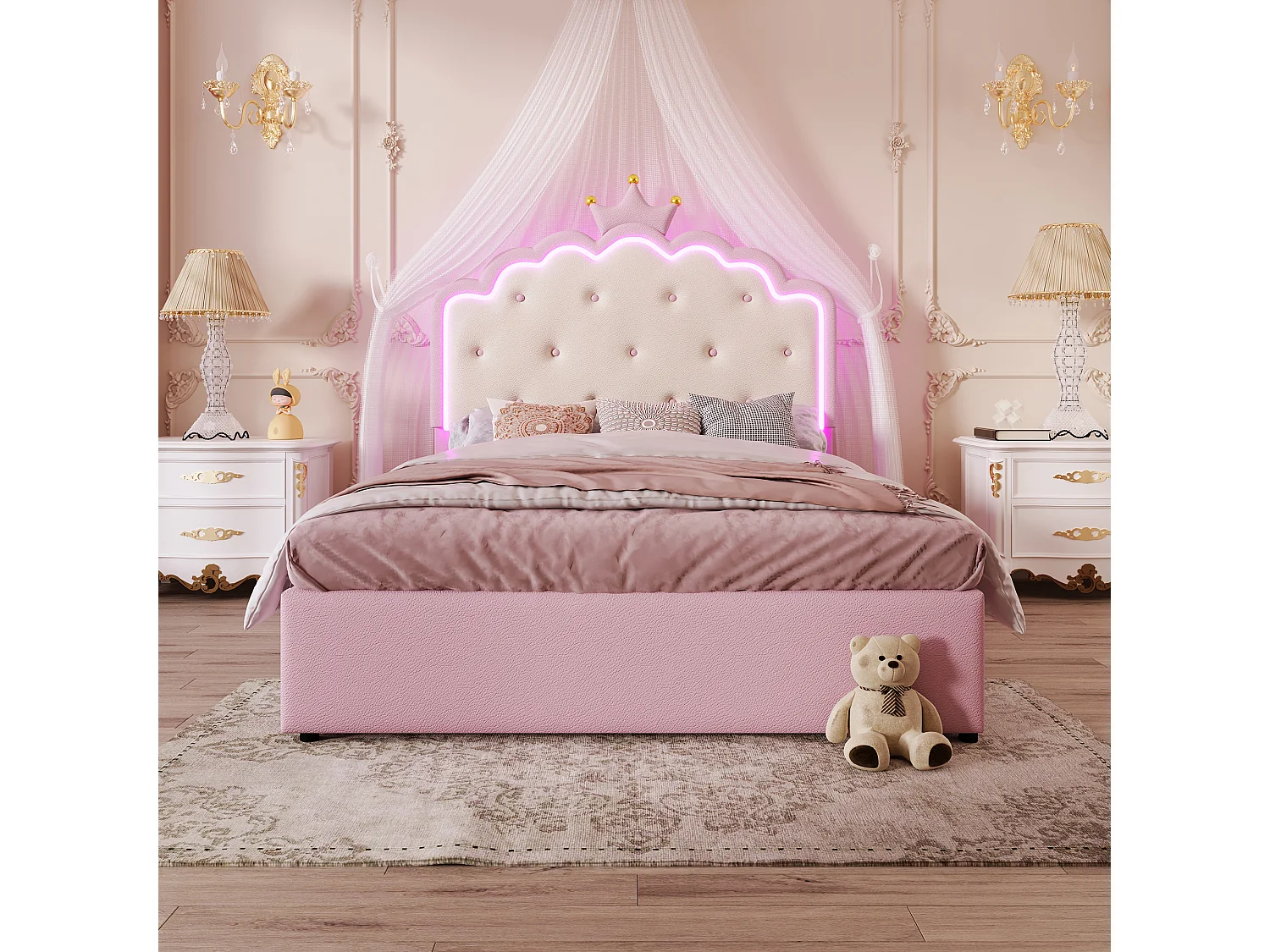 Cama tapizada 140x200cm en símil piel - con LED + 2 cajones y cama nido 90x190cm - Rosa