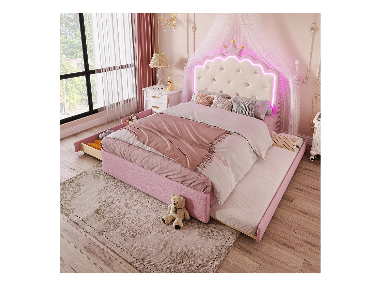 Cama tapizada 140x200cm en símil piel - con LED + 2 cajones y cama nido 90x190cm - Rosa