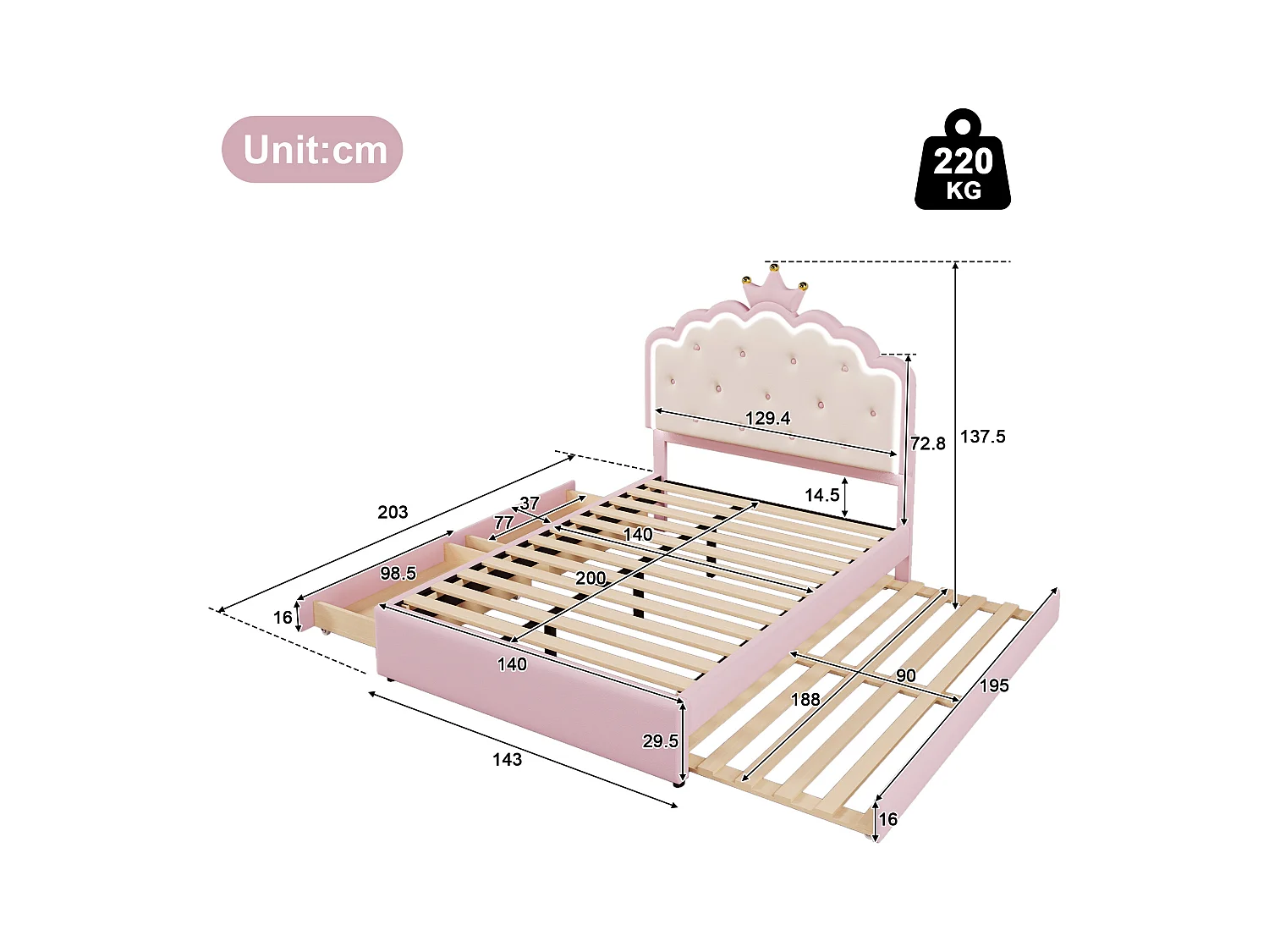 Cama tapizada 140x200cm en símil piel - con LED + 2 cajones y cama nido 90x190cm - Rosa