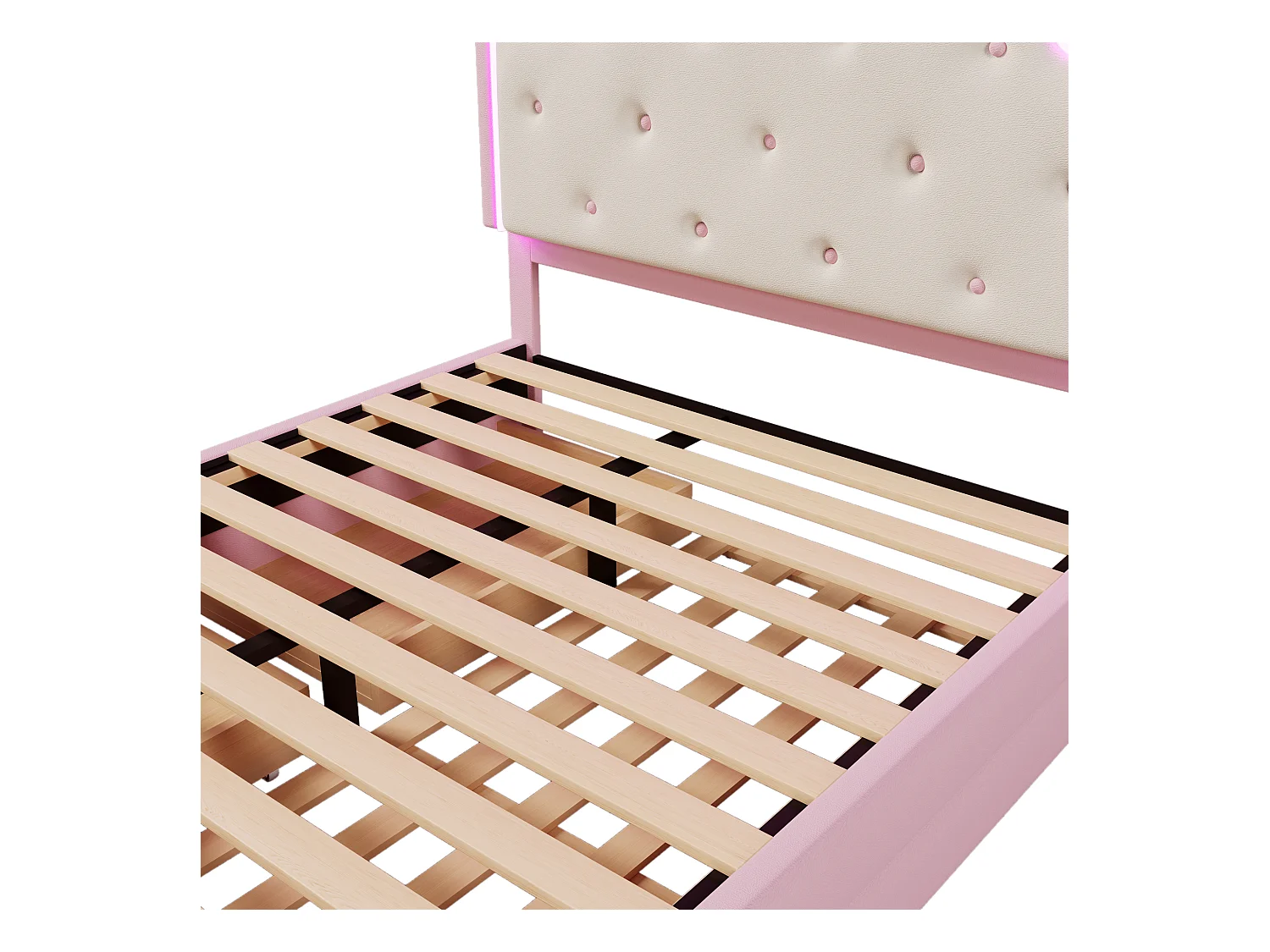 Cama tapizada 140x200cm en símil piel - con LED + 2 cajones y cama nido 90x190cm - Rosa