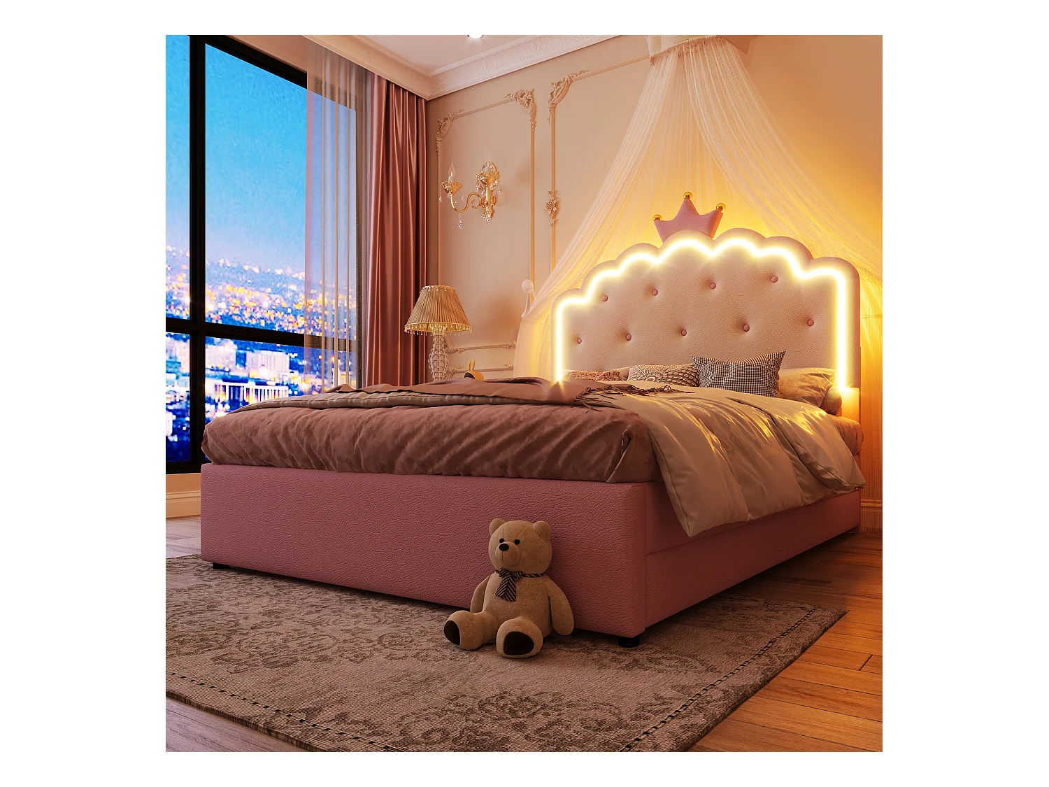 Cama tapizada 140x200cm en símil piel - con LED + 2 cajones y cama nido 90x190cm - Rosa