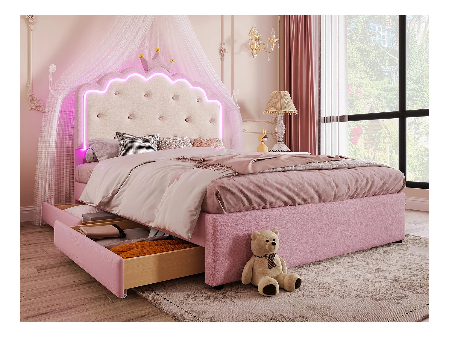 Lit rembourré 140x200cm en similicuir - avec LED + 2 tiroirs et un lit gigognee 90x190cm - Rose
