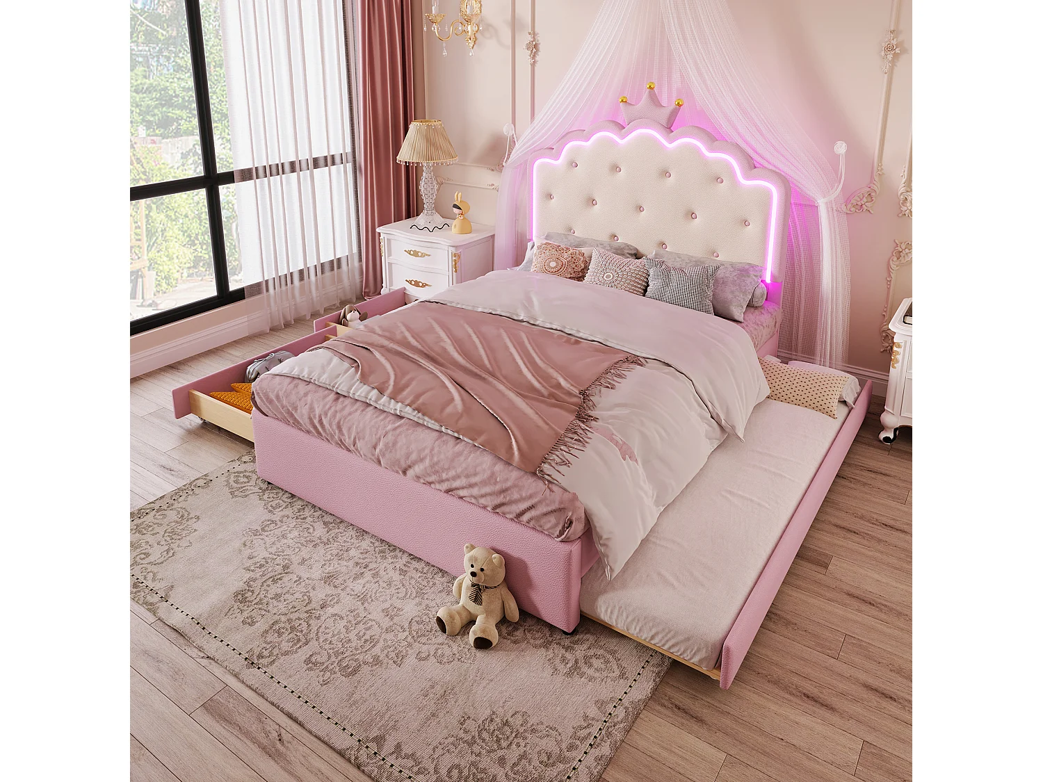 Polsterbett 140x200cm aus Kunstleder – mit LED + 2 Schubladen und einem Ausziehbett 90x190cm – Pink