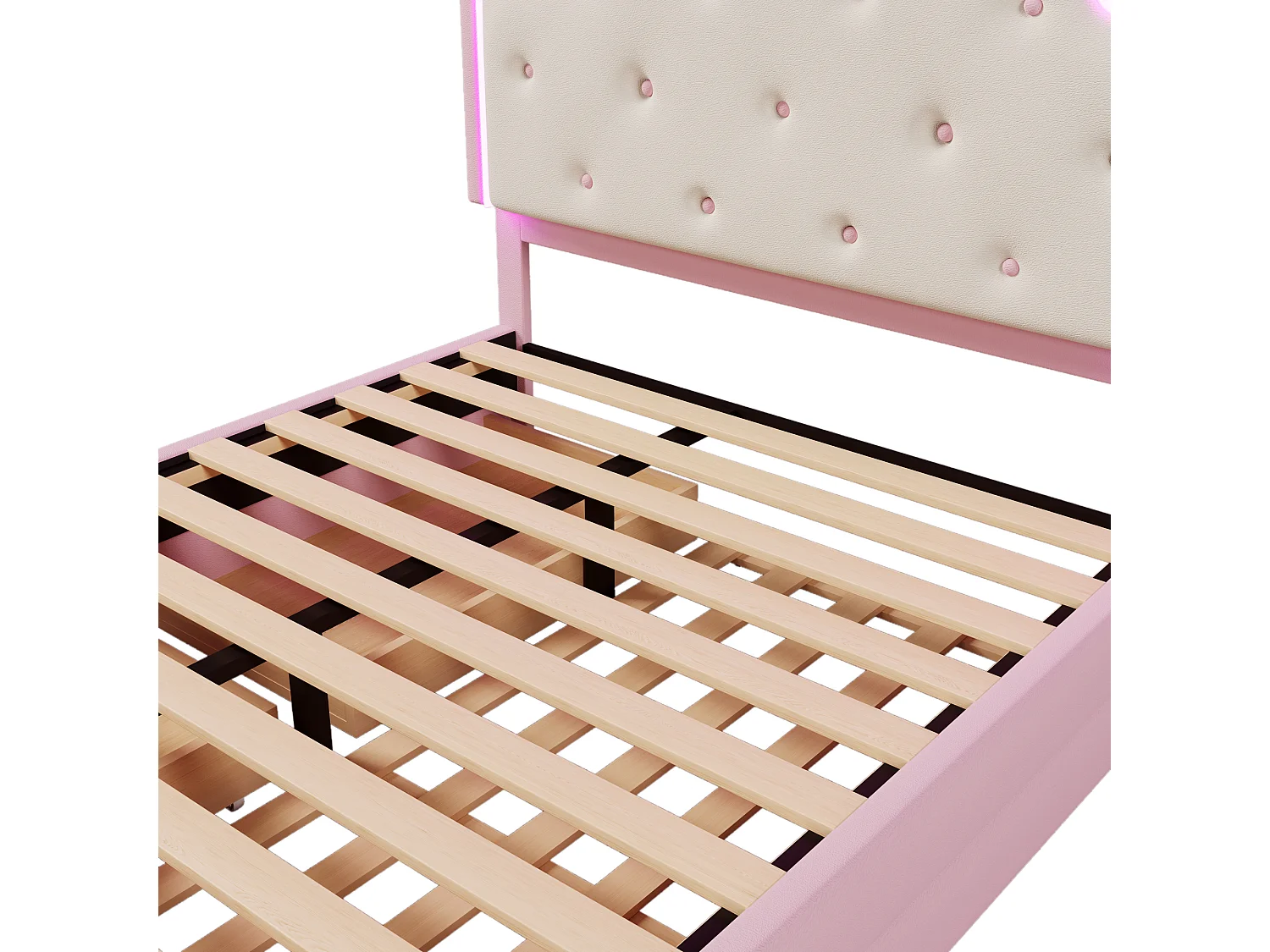 Polsterbett 140x200cm aus Kunstleder – mit LED + 2 Schubladen und einem Ausziehbett 90x190cm – Pink