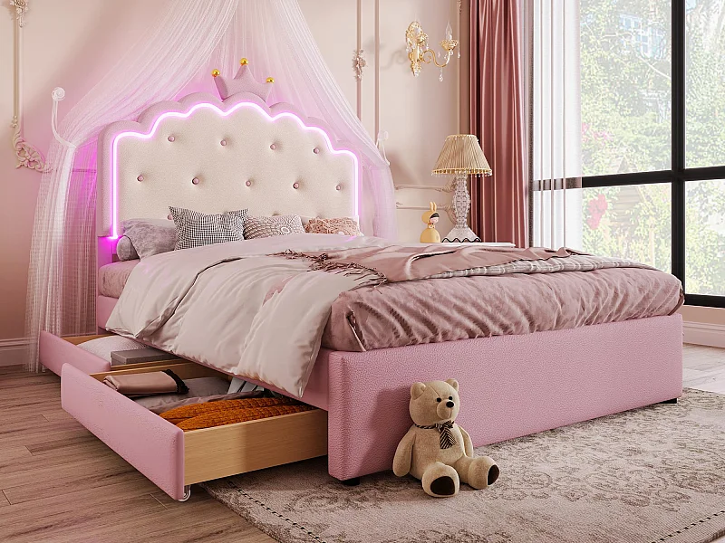 Lit rembourré 140x200cm en similicuir - avec LED + 2 tiroirs et un lit gigognee 90x190cm - Rose
