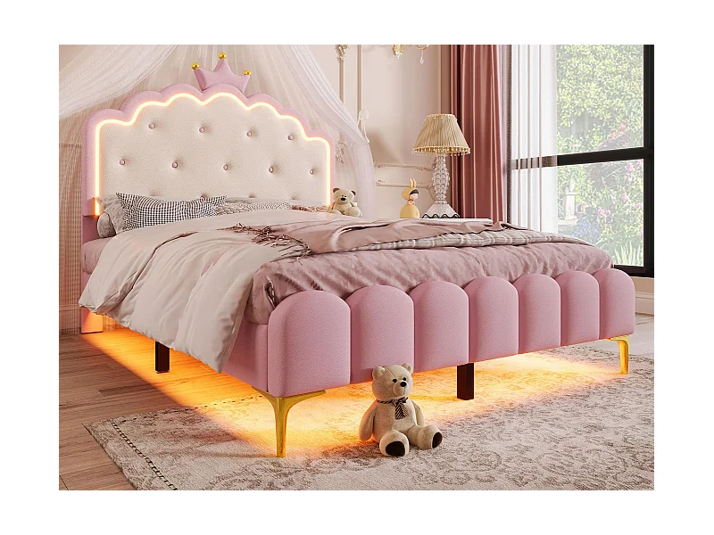 Lit rembourré 140x200 cm avec LED - matériau cuir PU - avec sommier à lattes - Rose