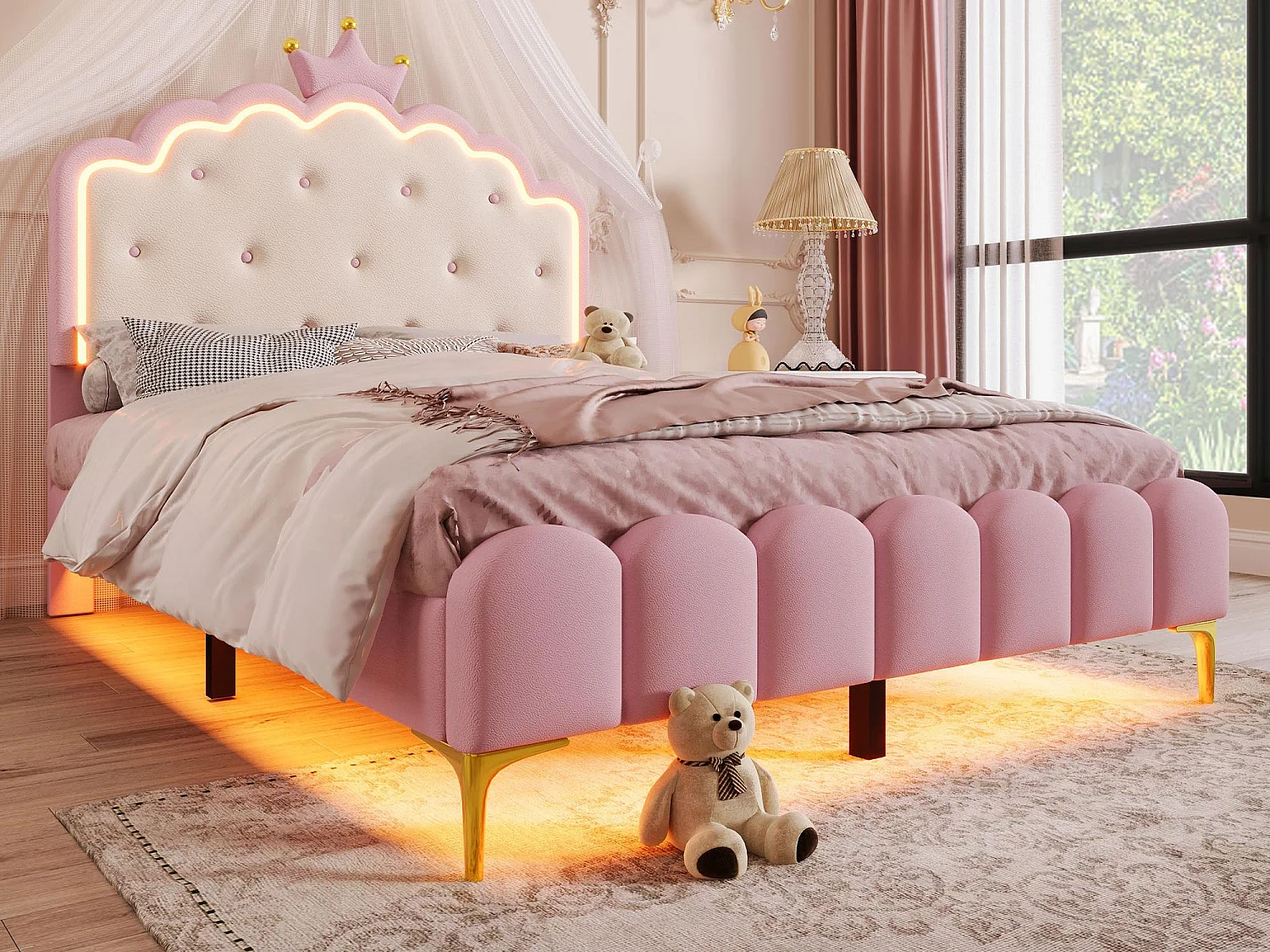 Letto imbottito 140x200 cm con LED - Materiale pelle PU - con rete a doghe - Rosa