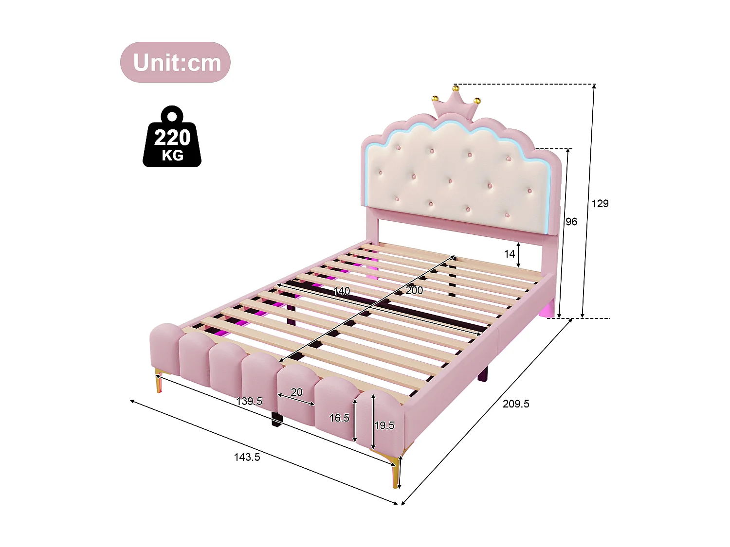 Letto imbottito 140x200 cm con LED - Materiale pelle PU - con rete a doghe - Rosa