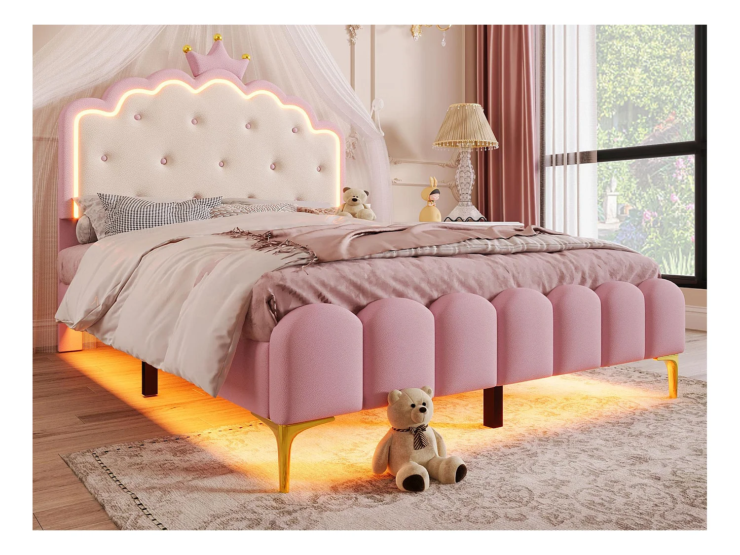 Polsterbett 140x200 cm mit LED – PU-Ledermaterial – mit Lattenrost – Rosa