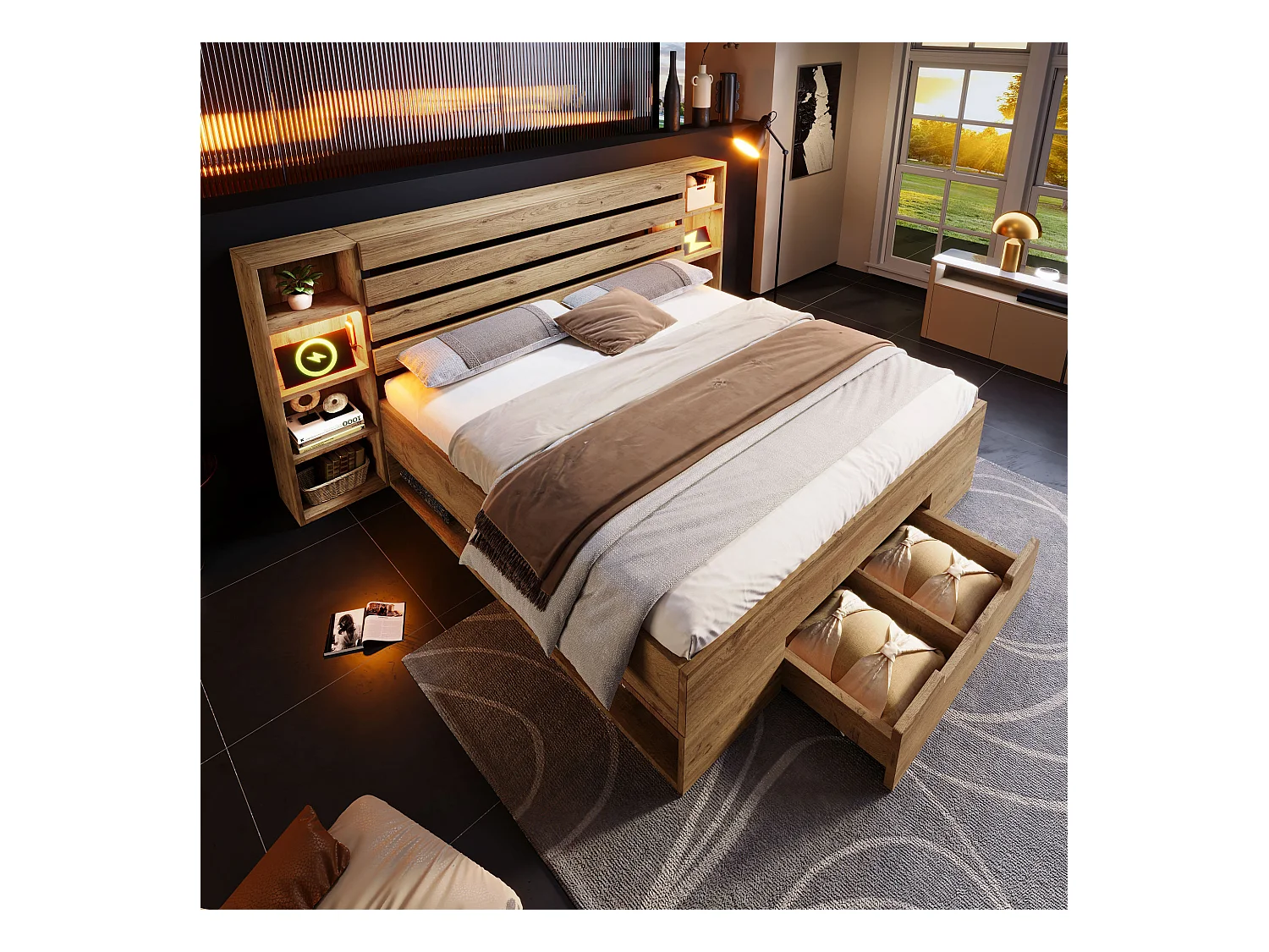 Volwassen bed 160×200cm in hout + MDF - met leeslampje + oplaadpunten - met lattenbodem - Naturel