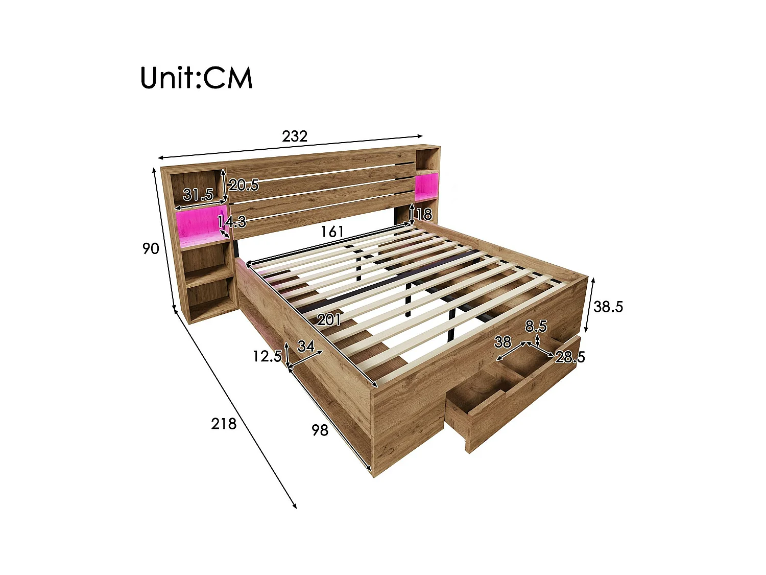 Volwassen bed 160×200cm in hout + MDF - met leeslampje + oplaadpunten - met lattenbodem - Naturel
