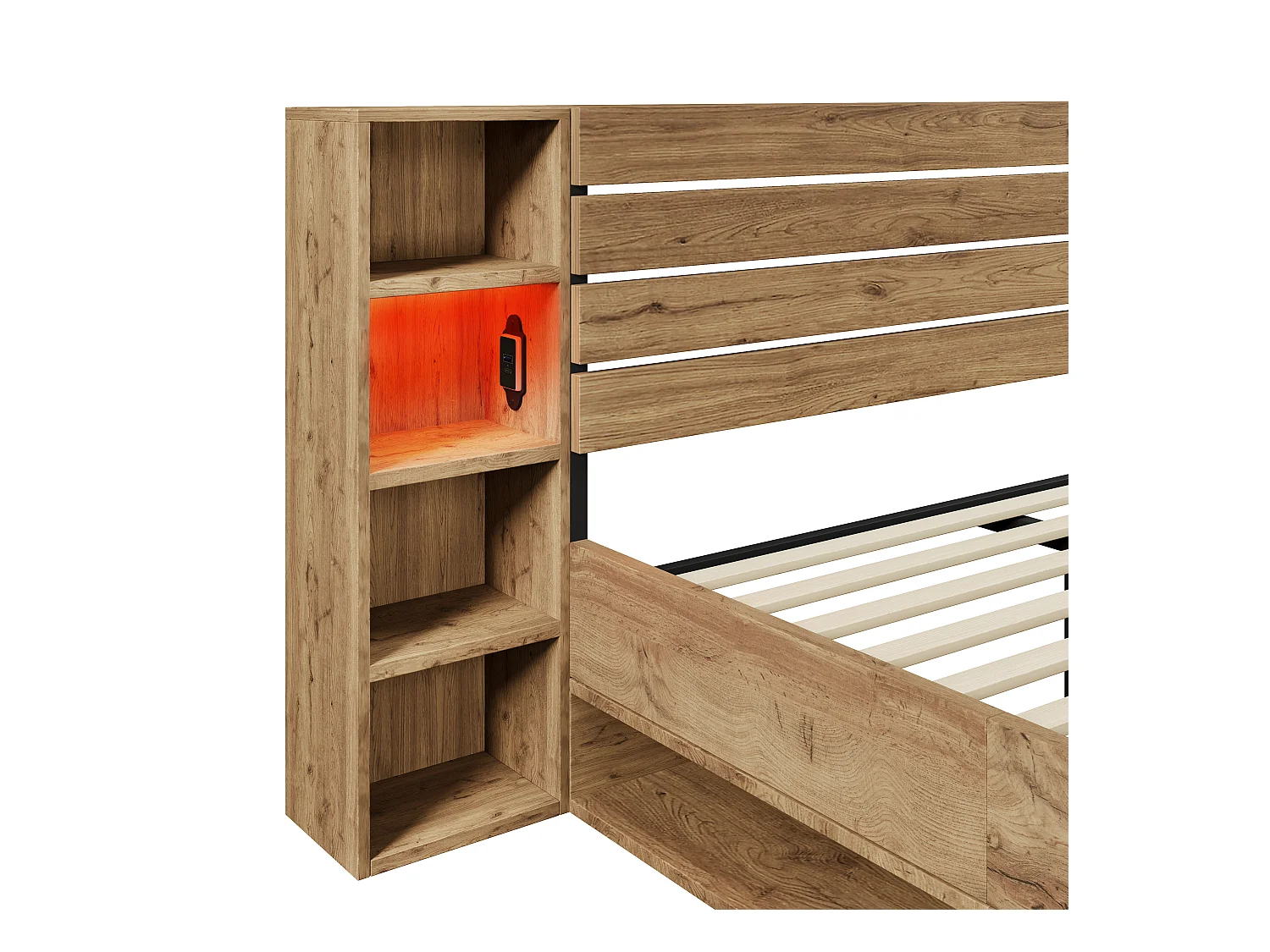 Volwassen bed 160×200cm in hout + MDF - met leeslampje + oplaadpunten - met lattenbodem - Naturel