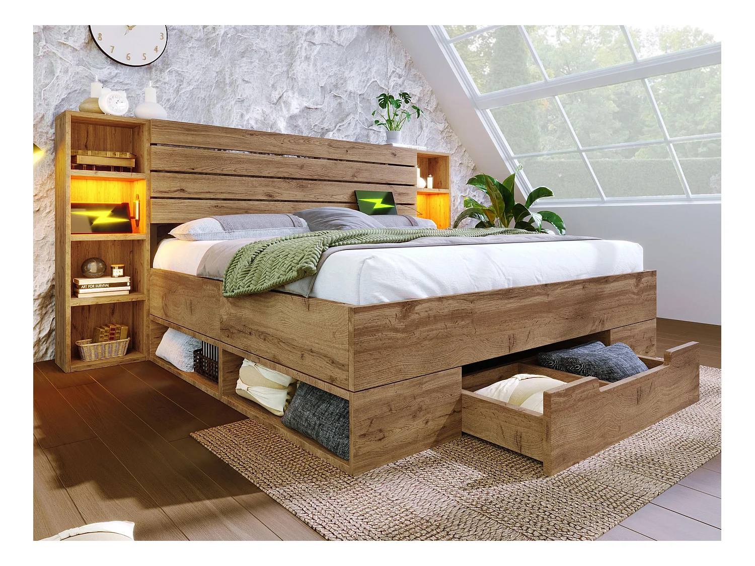 Volwassen bed 160×200cm in hout + MDF - met leeslampje + oplaadpunten - met lattenbodem - Naturel
