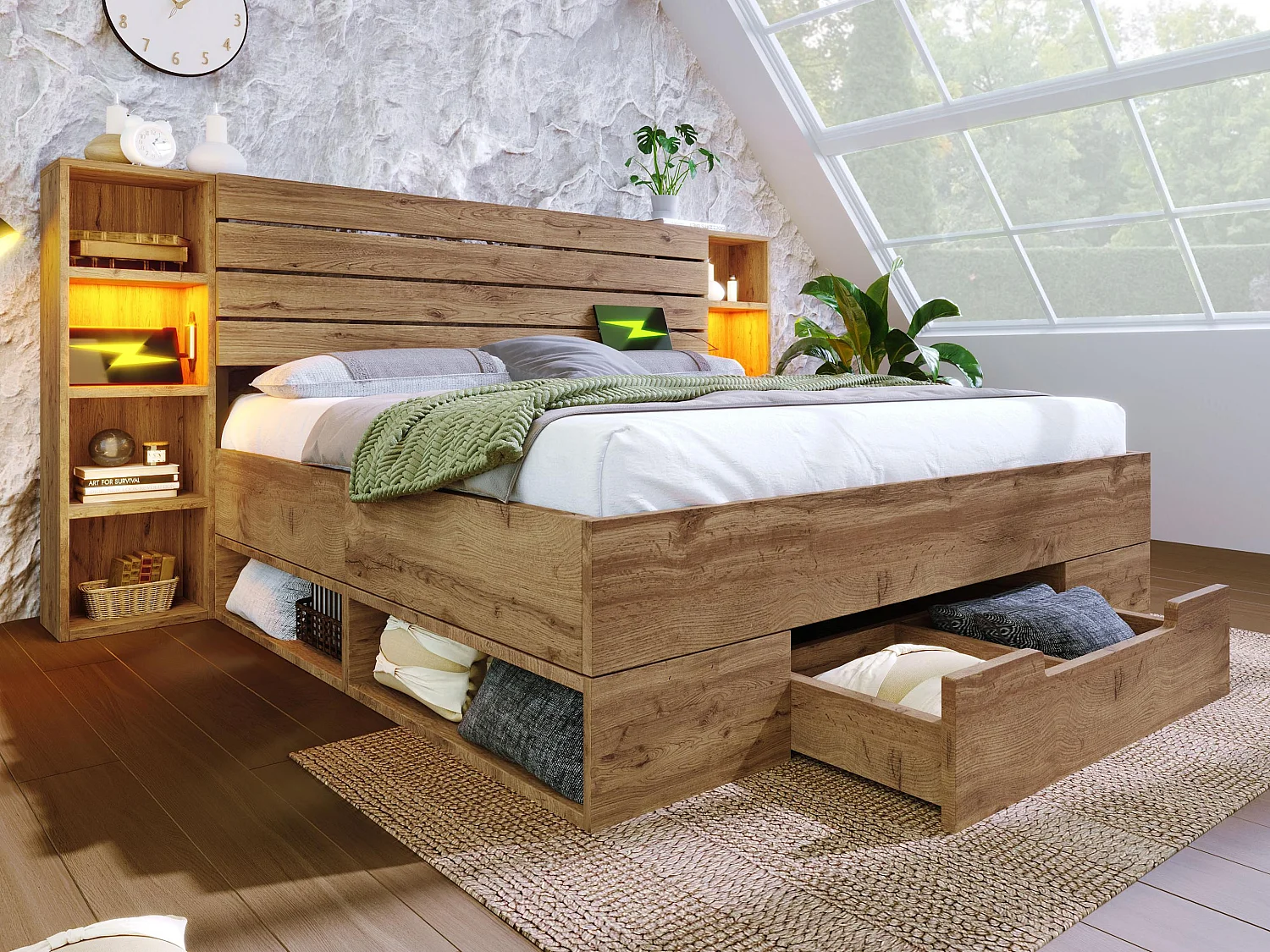 Volwassen bed 160×200cm in hout + MDF - met leeslampje + oplaadpunten - met lattenbodem - Naturel
